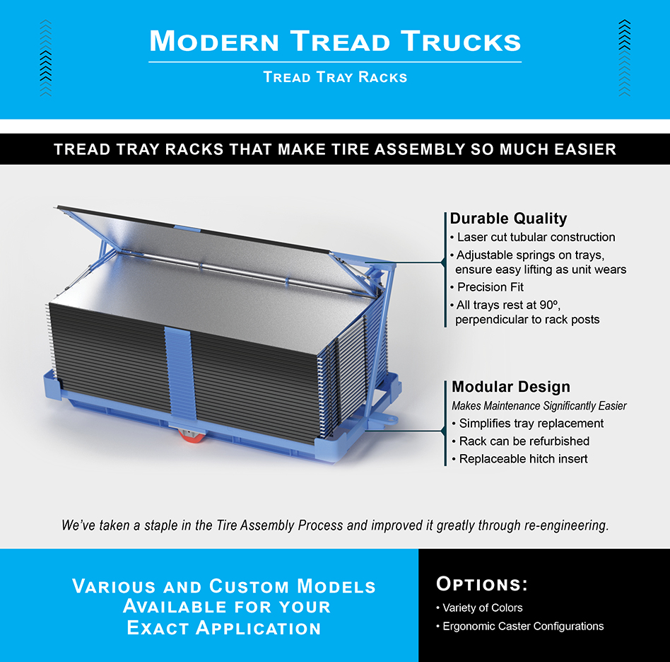 Modern Tread Trucks, tread racks, tire manufacturing equipment, replaceable trays